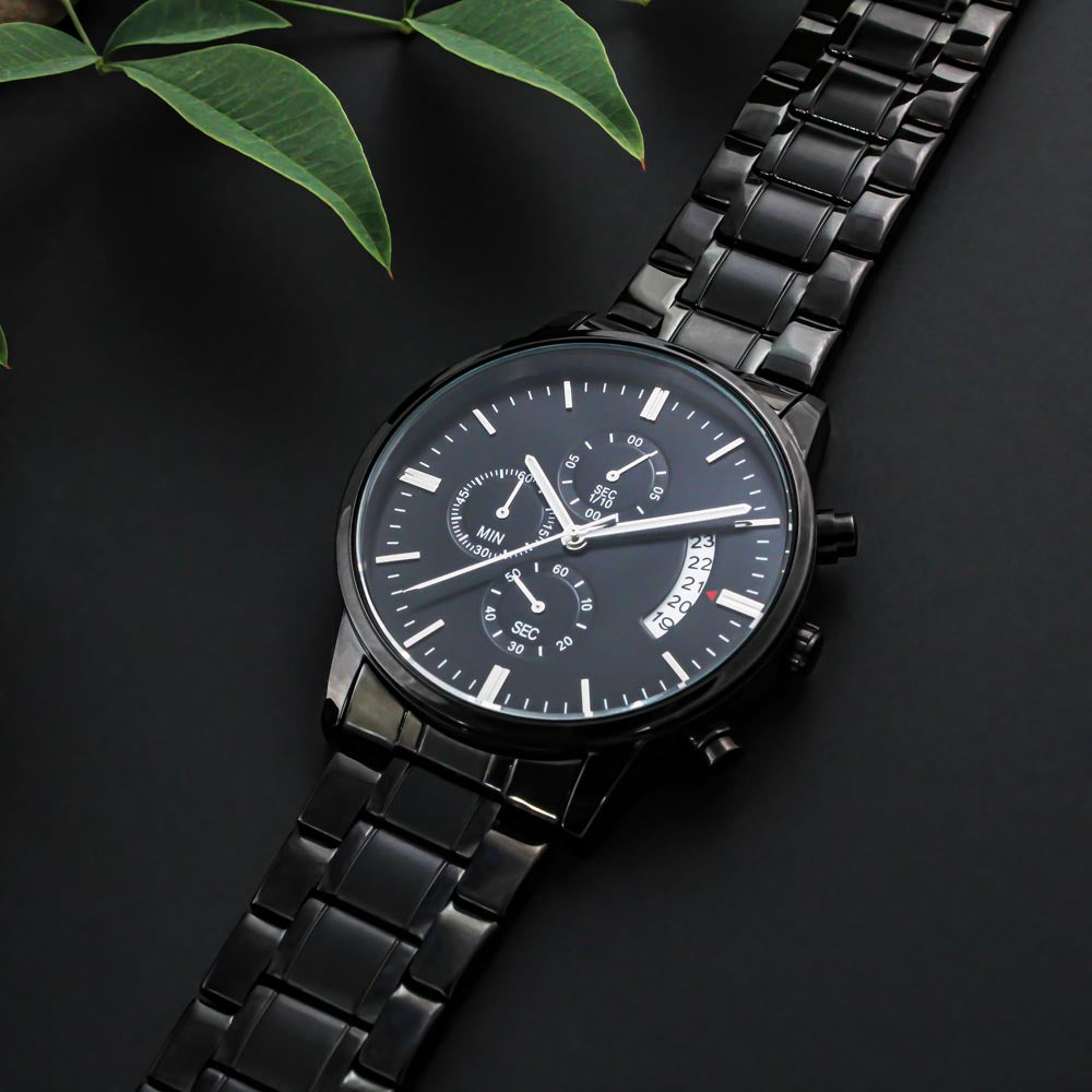 Custom Engraved Men's Black Chronograph Watch - Personalized Gift