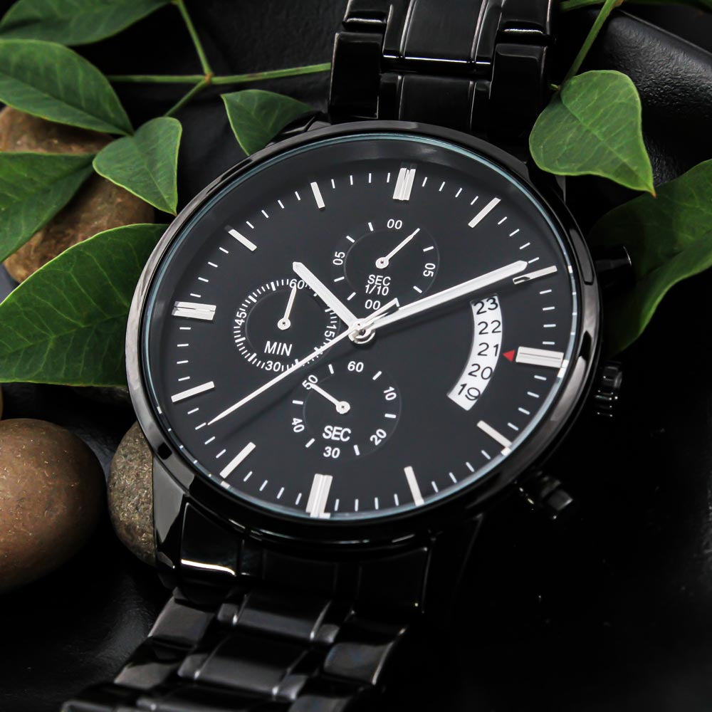 Personalized Men's Black Chronograph Watch – Custom Engraved Gift for Anniversary, Father's Day & Groomsmen