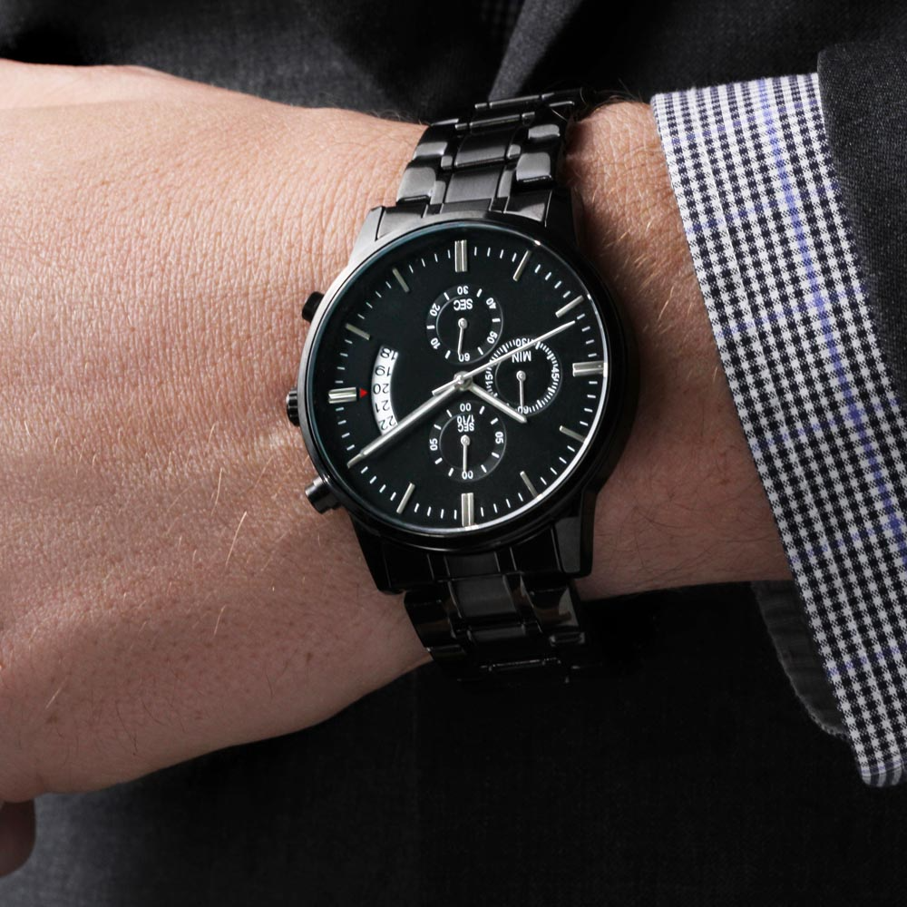 Custom Engraved Men's Black Chronograph Watch - Personalized Gift
