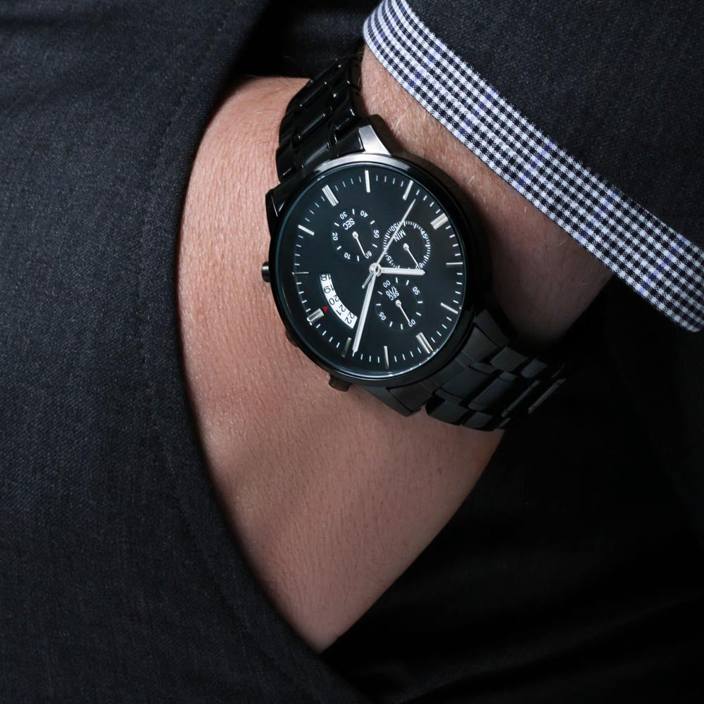 Custom Engraved Men's Black Chronograph Watch - Personalized Gift