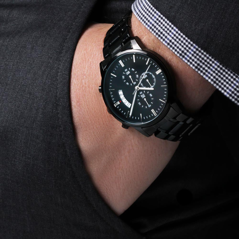 Custom Engraved Men's Black Chronograph Watch - Personalized Gift