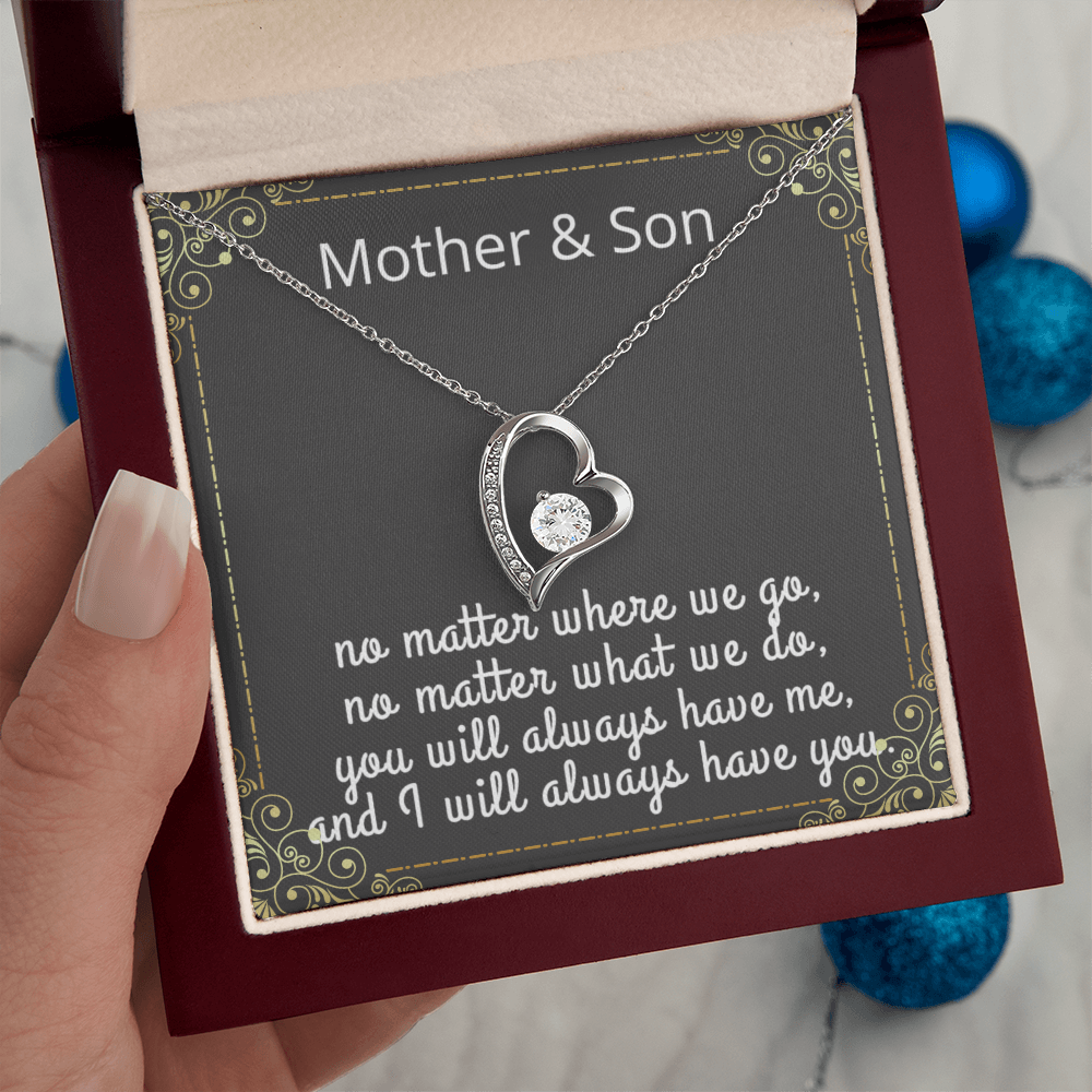 Mother Son Necklace, Forever Love Necklace with Heartfelt Message Card & Box