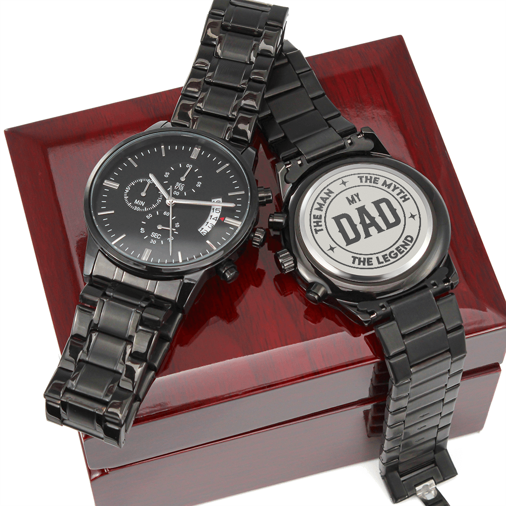 Custom Engraved Men's Black Chronograph Watch - Personalized Gift