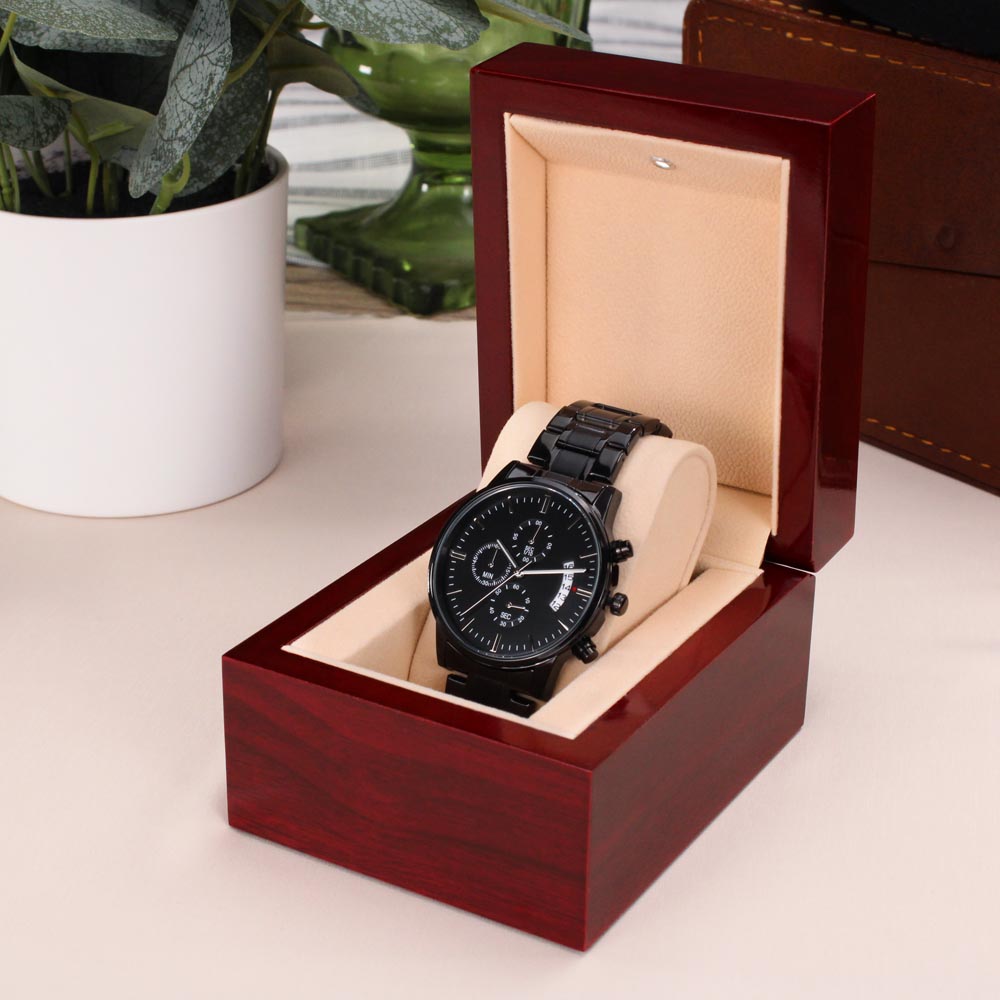 Custom Engraved Men's Black Chronograph Watch - Personalized Gift
