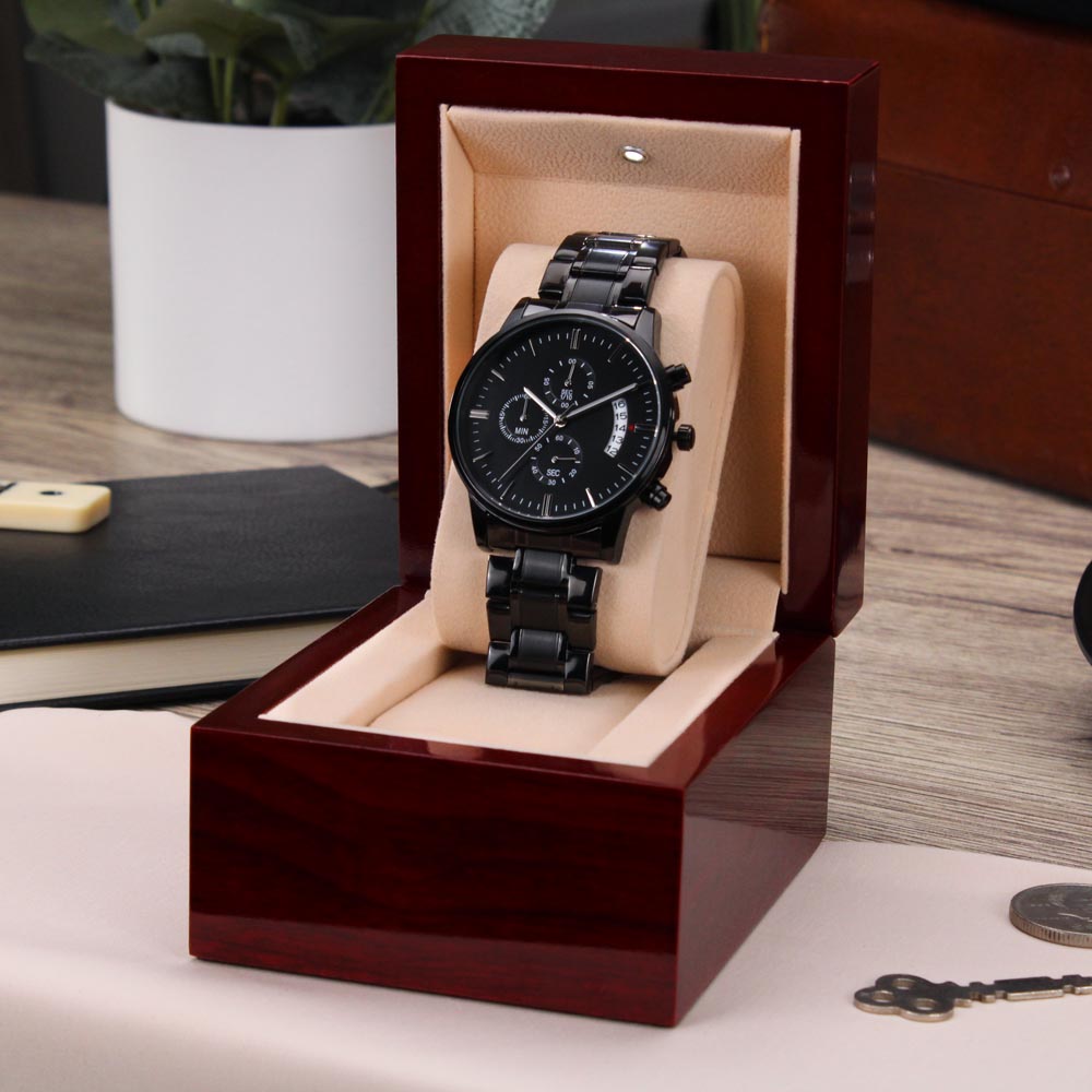 Personalized Men's Black Chronograph Watch – Custom Engraved Gift for Anniversary, Father's Day & Groomsmen