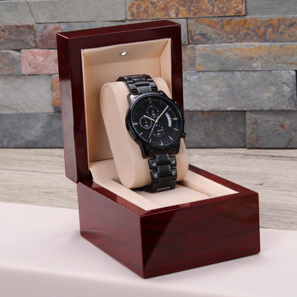 Custom Engraved Men's Black Chronograph Watch - Personalized Gift