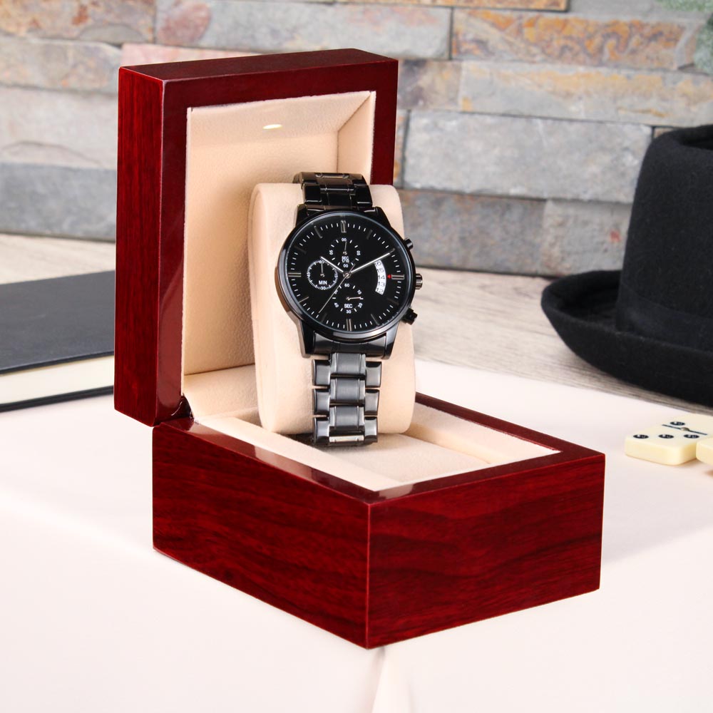 Custom Engraved Men's Black Chronograph Watch - Personalized Gift