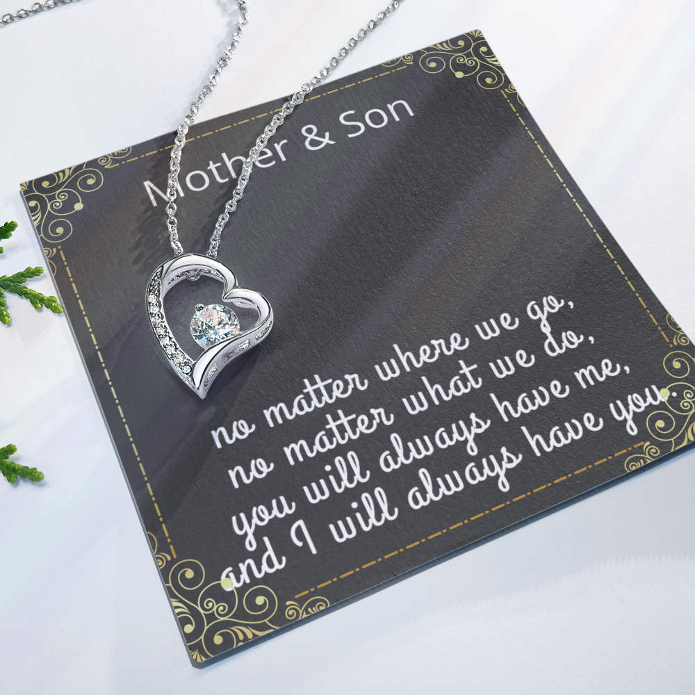 Mother Son Necklace, Forever Love Necklace with Heartfelt Message Card & Box