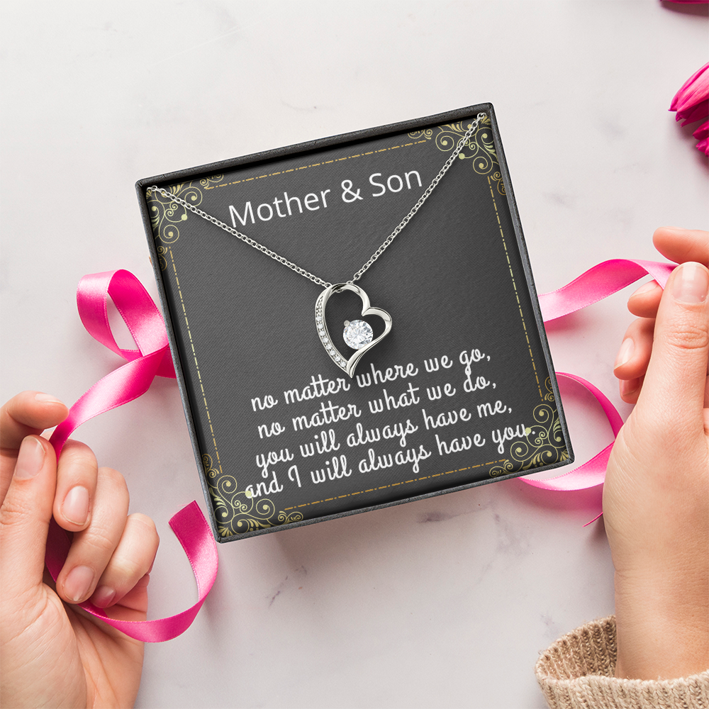 Mother Son Necklace, Forever Love Necklace with Heartfelt Message Card & Box