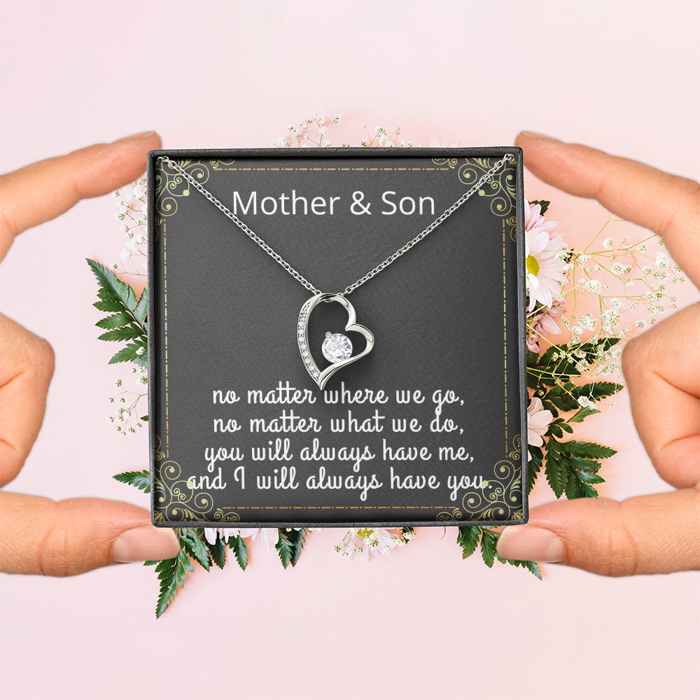 Mother Son Necklace, Forever Love Necklace with Heartfelt Message Card & Box