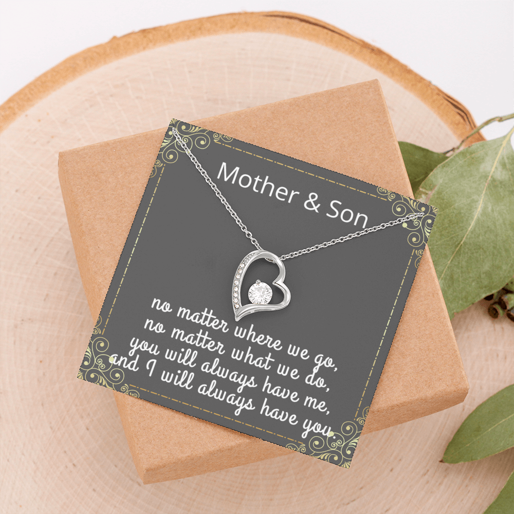 Mother Son Necklace, Forever Love Necklace with Heartfelt Message Card & Box