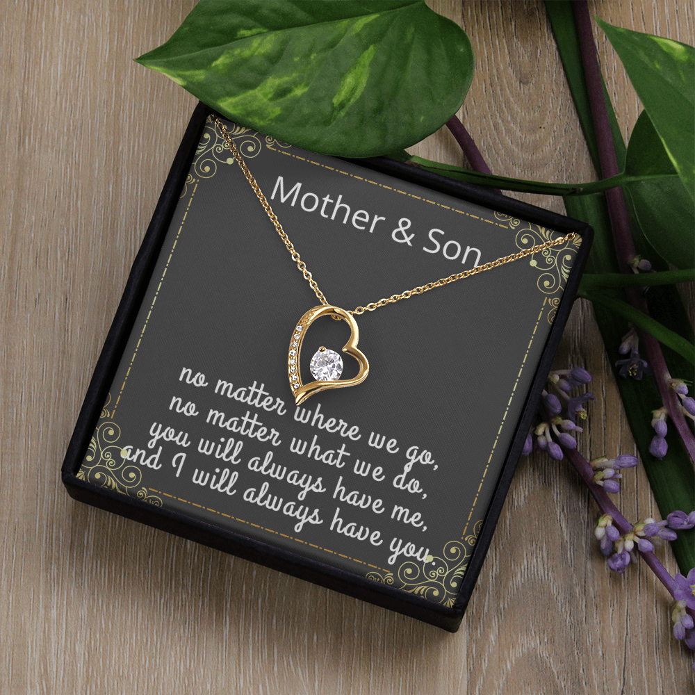 Mother Son Necklace, Forever Love Necklace with Heartfelt Message Card & Box